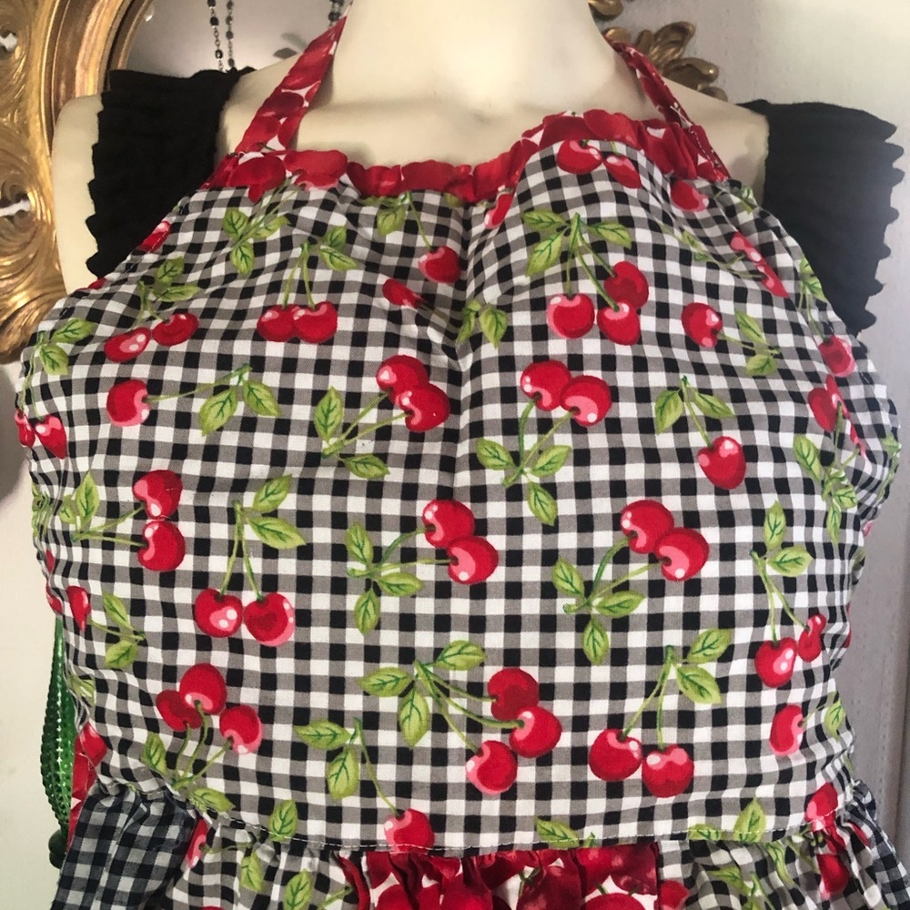 Vintage Rockabilly Cherries and Gingham Print Bib Apron - Picture 6 of 12